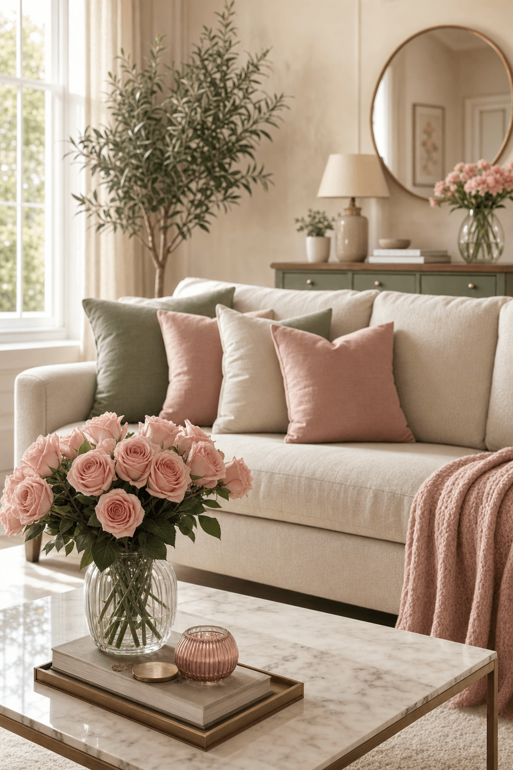 Freshly cleaned living room with natural light, polished surfaces, and soft pink roses on a coffee table — promoting Nothing But Roses Cleaning Service