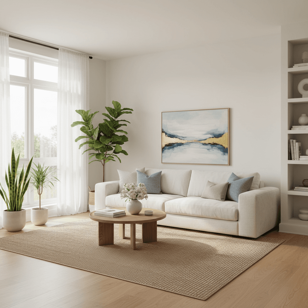 Clean bright living room with a sofa and natural light
