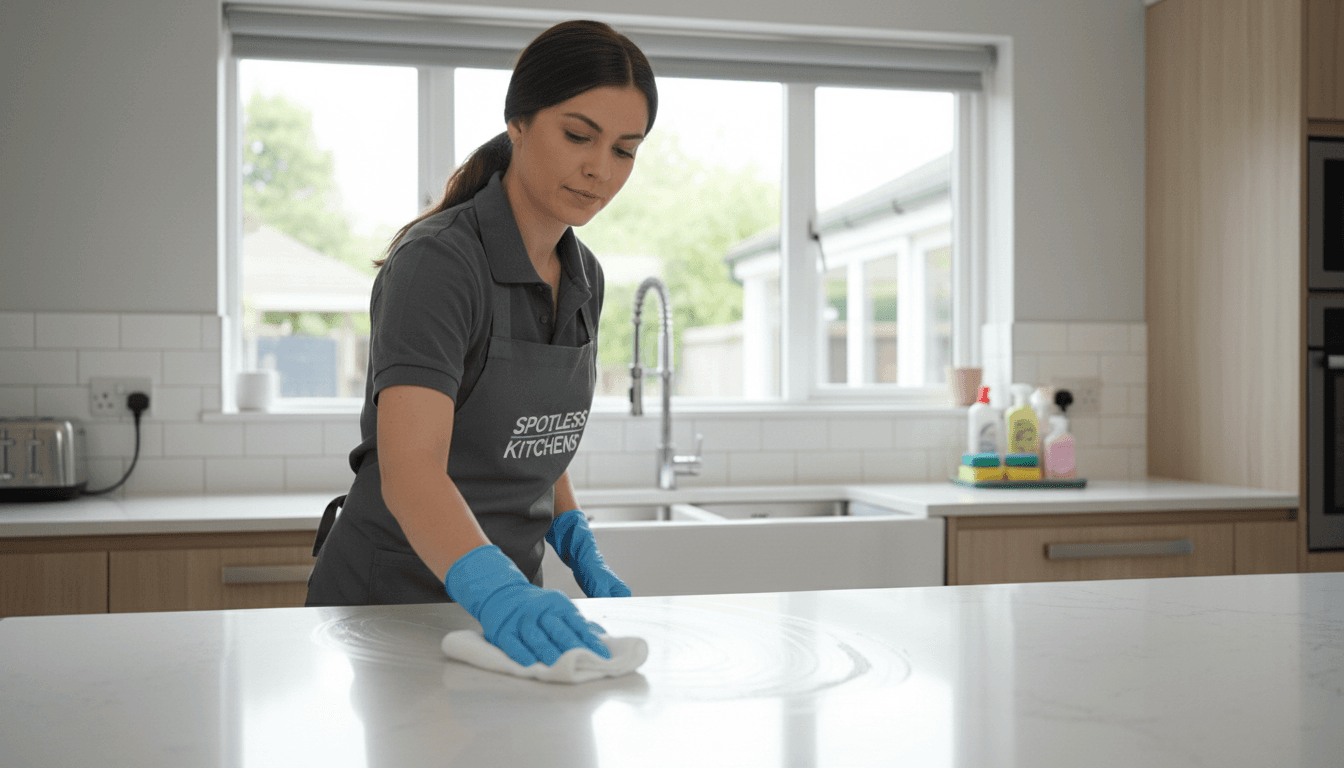 Professional cleaner wiping down a kitchen counter during a move out clean