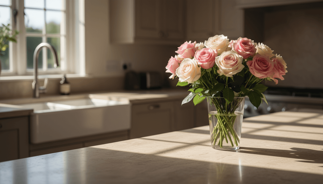 Clean kitchen counter with a vase of fresh roses in soft morning light