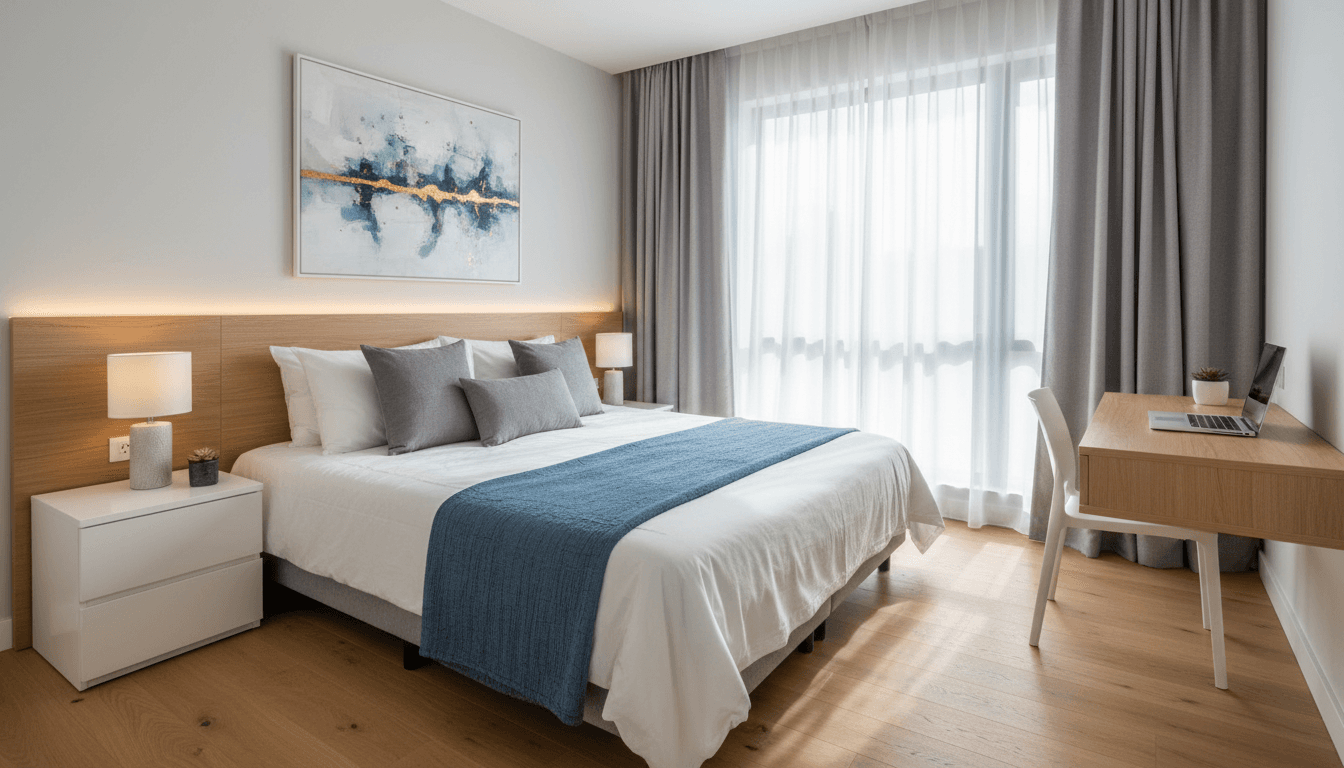 Clean and tidy bedroom with made bed in bright modern home