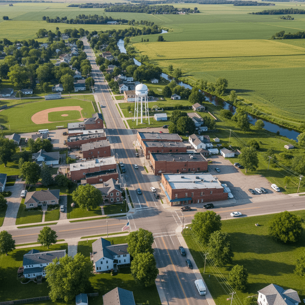 Aerial view of a small Minnesota town with water tower