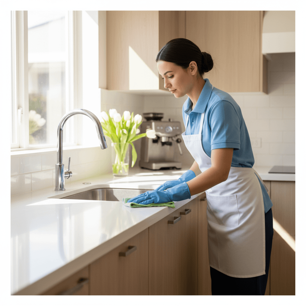 Professional cleaner wiping kitchen counter in bright clean home