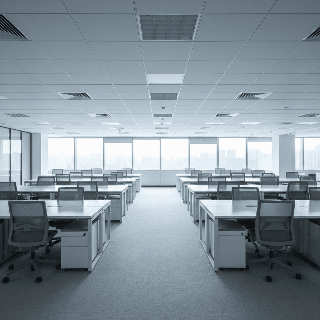 Clean empty commercial office with desks cleared and floors vacuumed