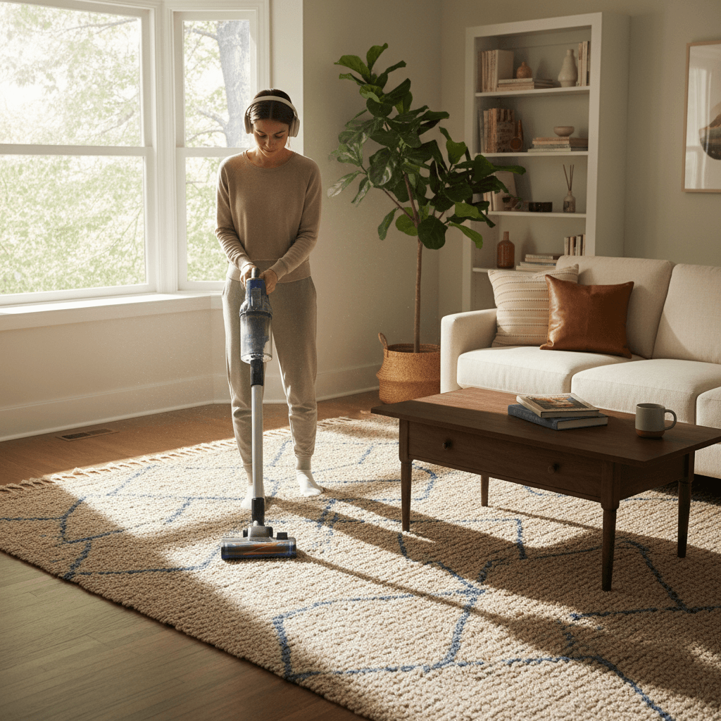 Person vacuuming a living room carpet