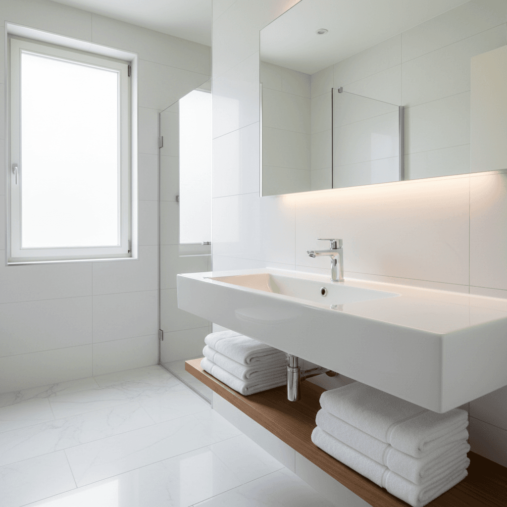 Clean white bathroom with a shiny sink and folded towels