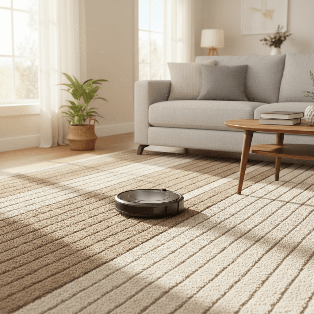 Vacuum cleaner making clean stripes on beige carpet in living room with natural light