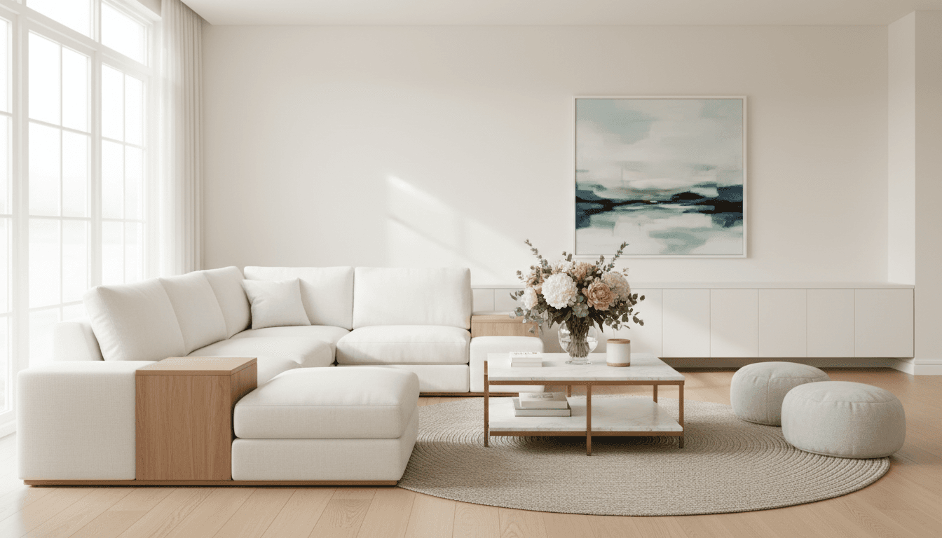 Clean bright modern living room with soft natural light and fresh flowers on coffee table