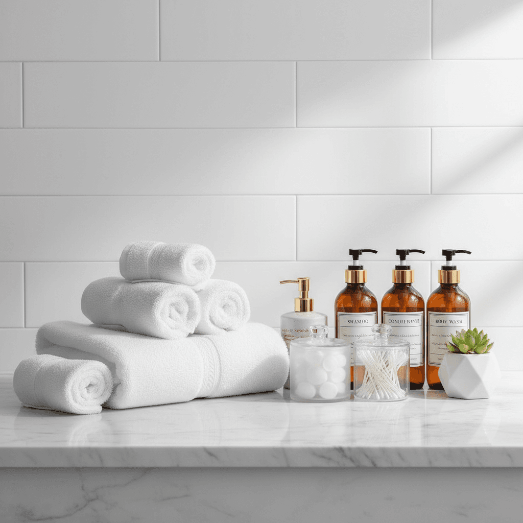 Clean folded white towels and toiletries arranged neatly on bathroom counter