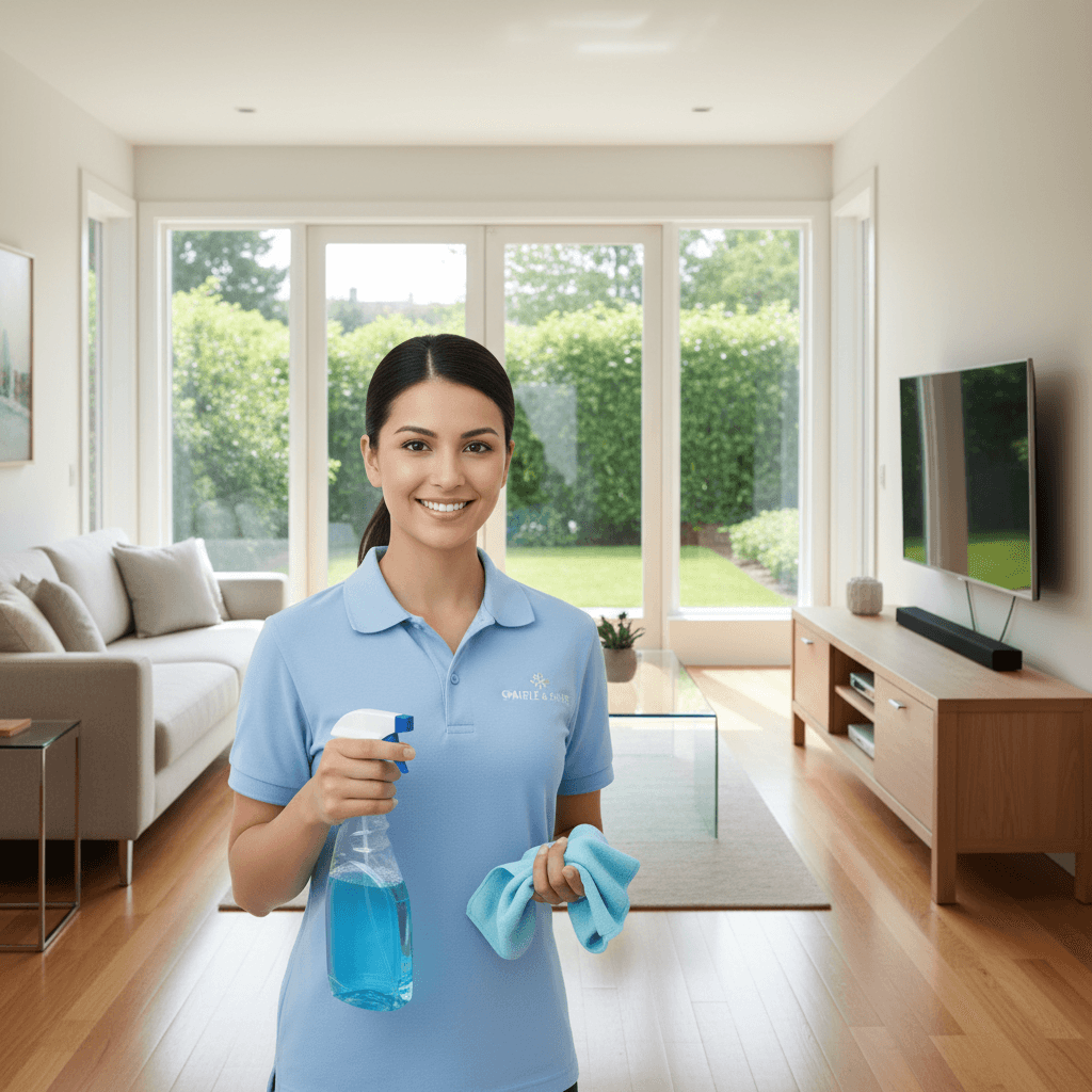 Cleaning professional with supplies in a bright living room