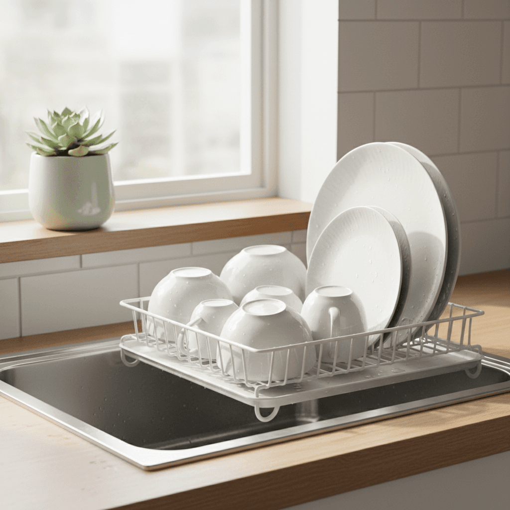 Clean kitchen counter with drying dishes on a rack, natural light from window