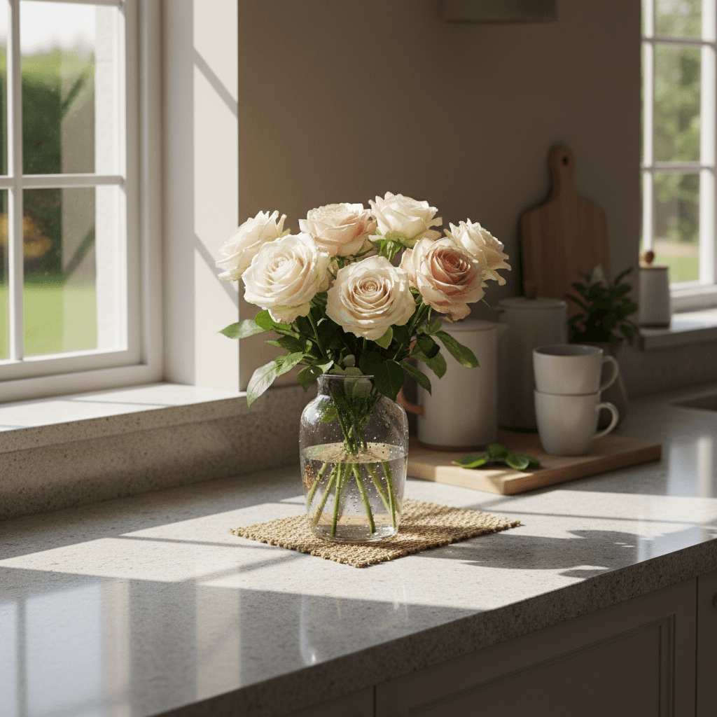 Clean kitchen counter with a vase of fresh roses in natural light