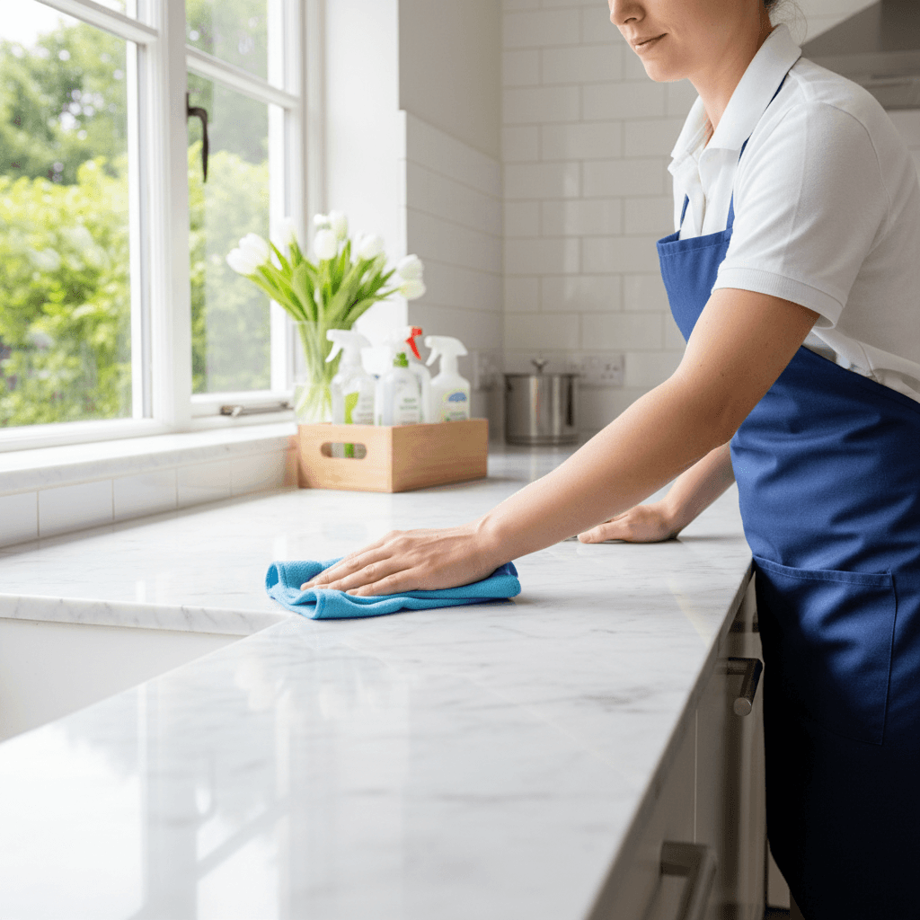 Professional cleaner wiping a kitchen counter with a microfiber cloth