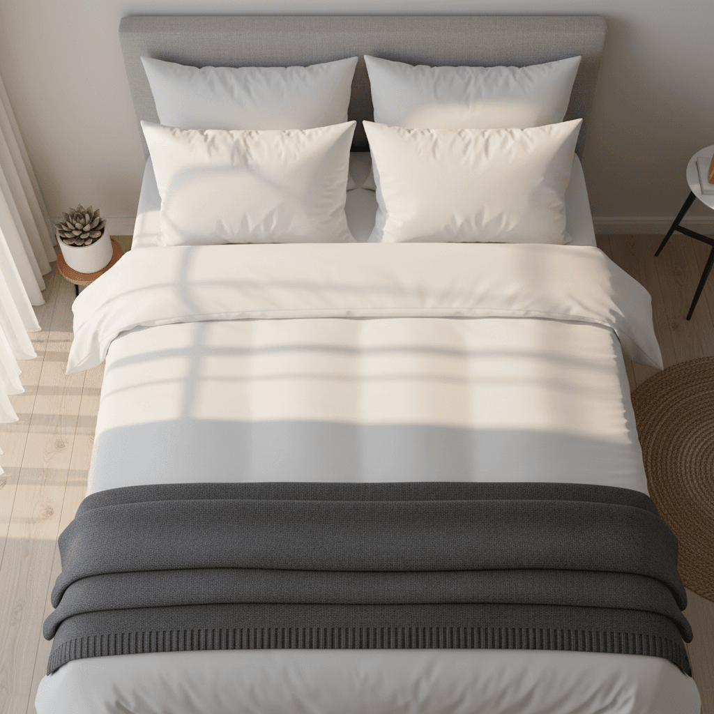 Neatly made bed with white linens in a clean Airbnb bedroom