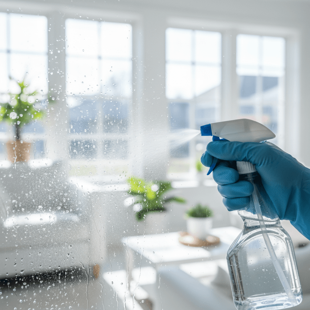 Hand in blue glove spraying glass cleaner on a window with sun catching droplets