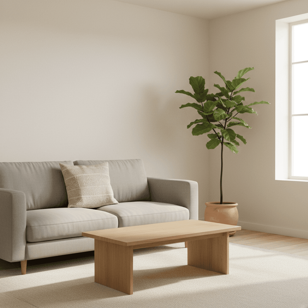 Tidy living room with a sofa and a houseplant in the corner
