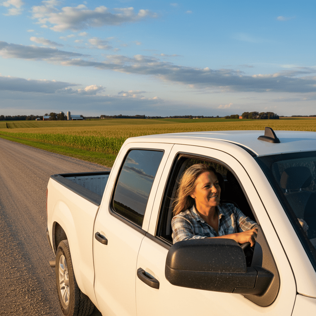 Woman driving a white truck on a rural road in Minnesota
