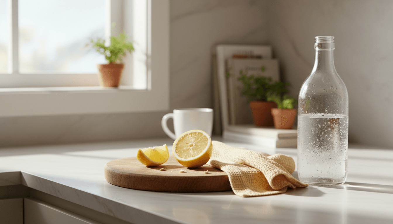 Sunlight on a clean kitchen countertop with a fresh lemon