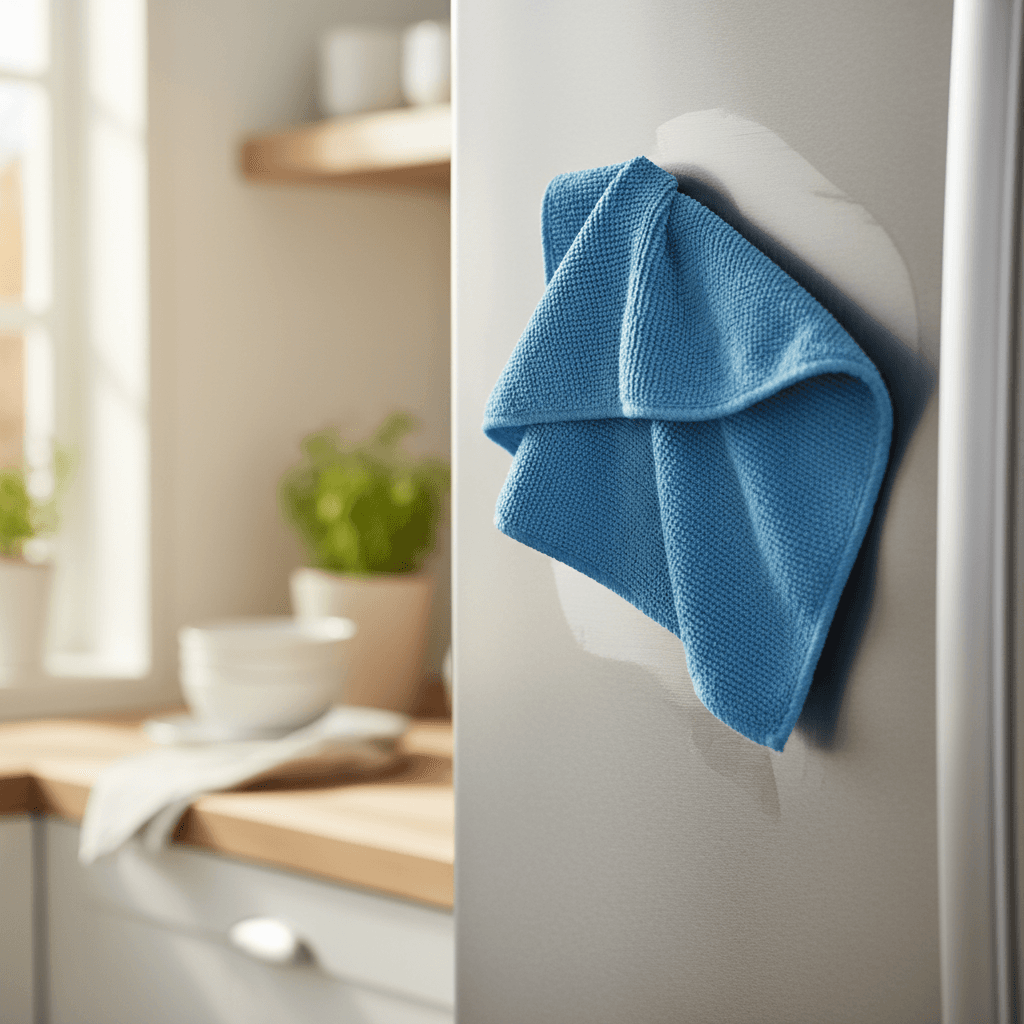 Microfiber cloth wiping a stainless steel refrigerator door, leaving a streak-free shine