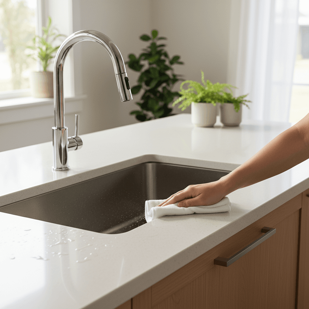 Kitchen counter being wiped clean with a cloth