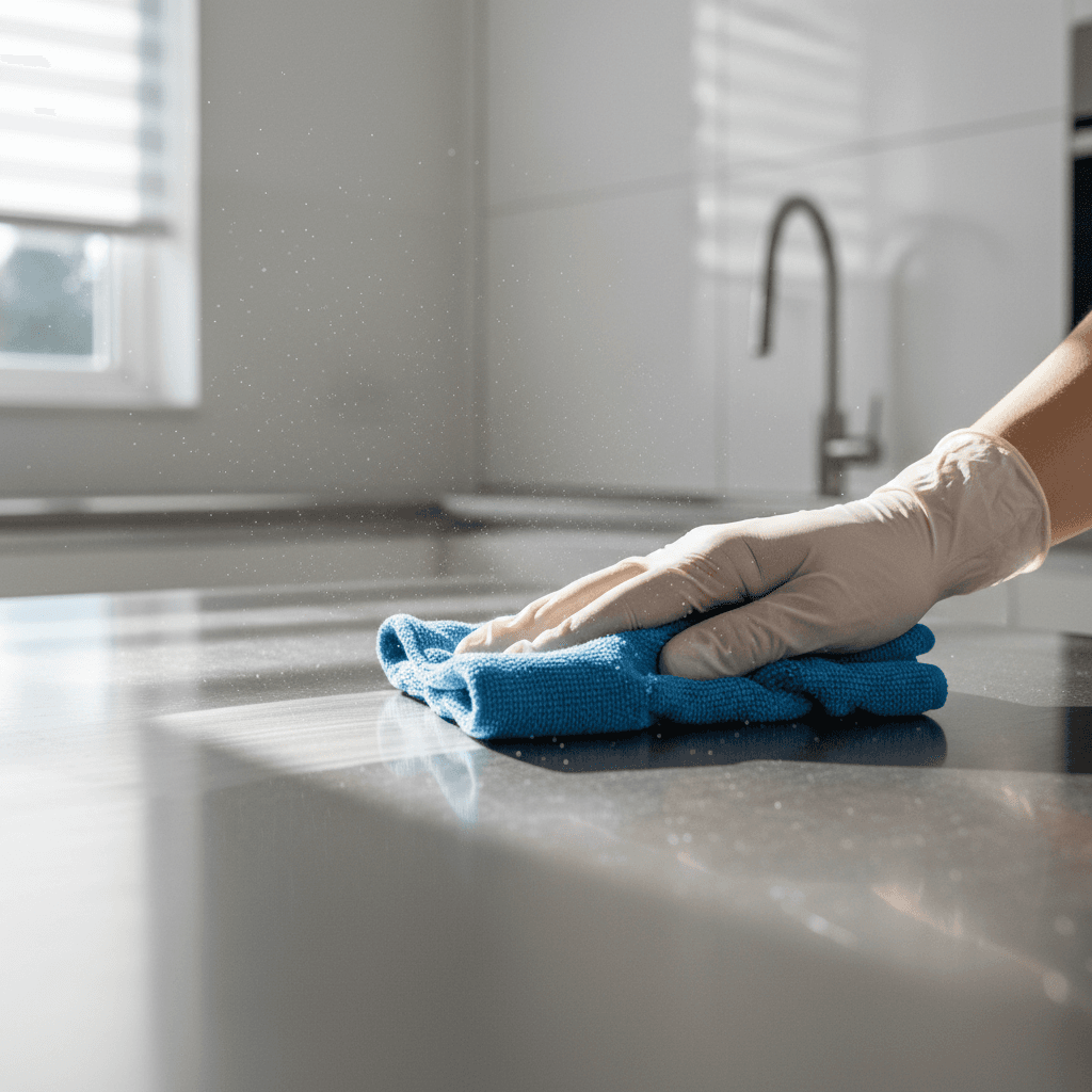 Professional cleaner's gloved hands polishing stainless steel kitchen counter with microfiber cloth in bright natural light