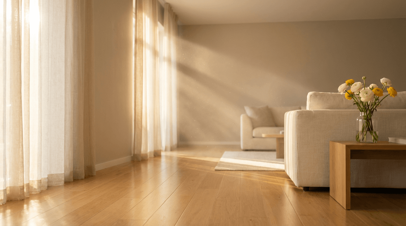 Sunlit living room after a thorough cleaning