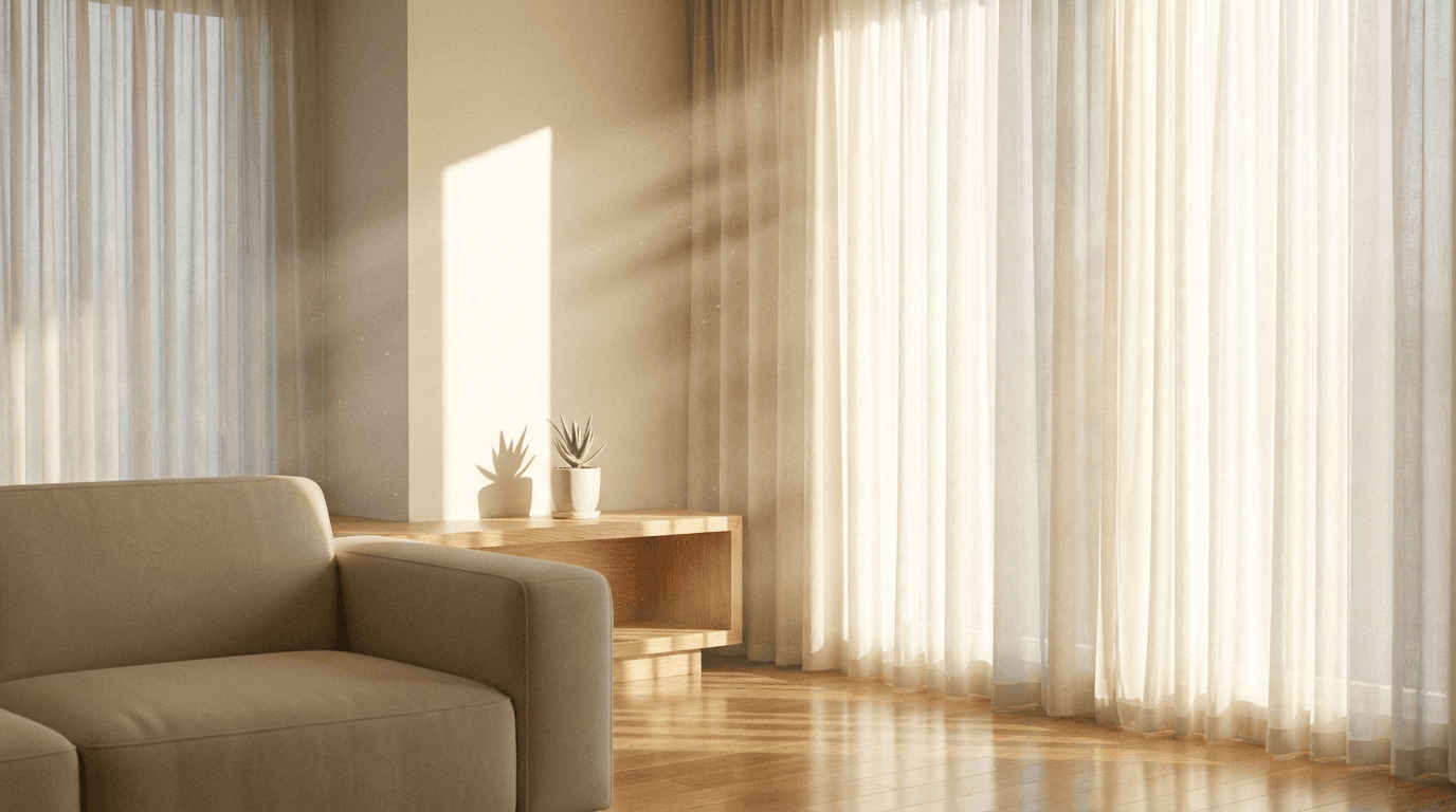 A wide shot of a clean, empty living room with afternoon light on the hardwood floor