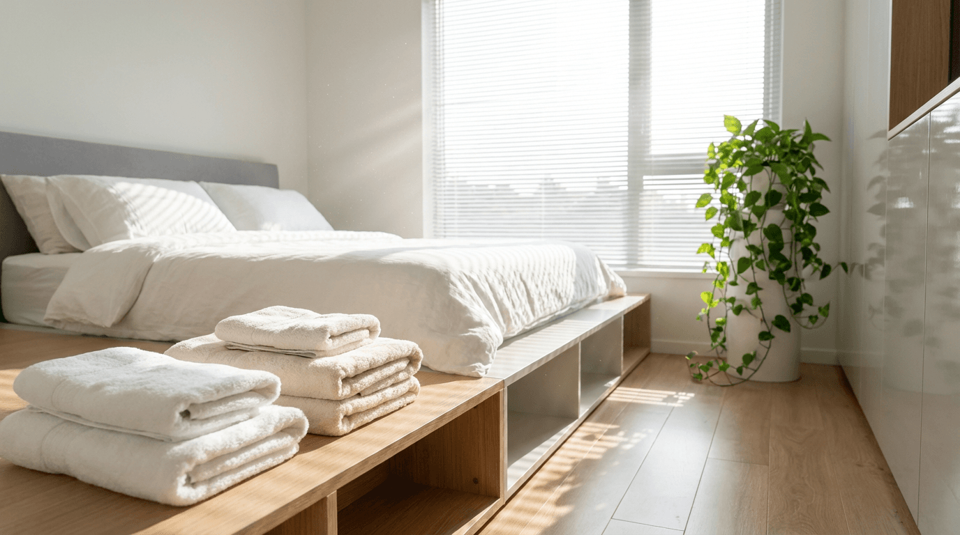 Freshly cleaned bedroom with made bed and natural light in Renville home
