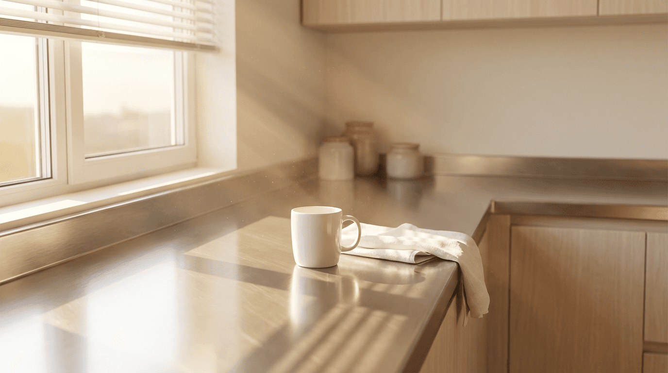 A clean, empty kitchen counter with a green plant in the corner and a folded microfiber cloth on the edge