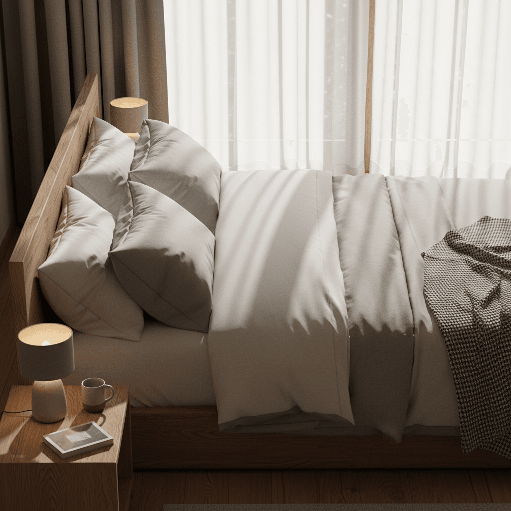 A well-made bed with fresh white linens and a vacuum cleaner nearby in a sunlit bedroom