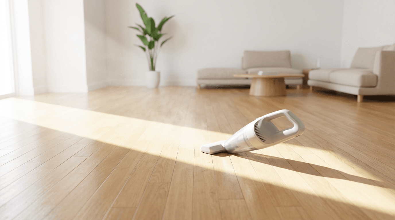 A sunlit living room with a vacuum cleaner visible in the corner and polished floors