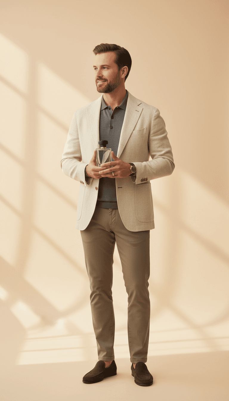 Well-dressed male customer in upscale casual attire holding fragrance bottle with contemplative expression against neutral background
