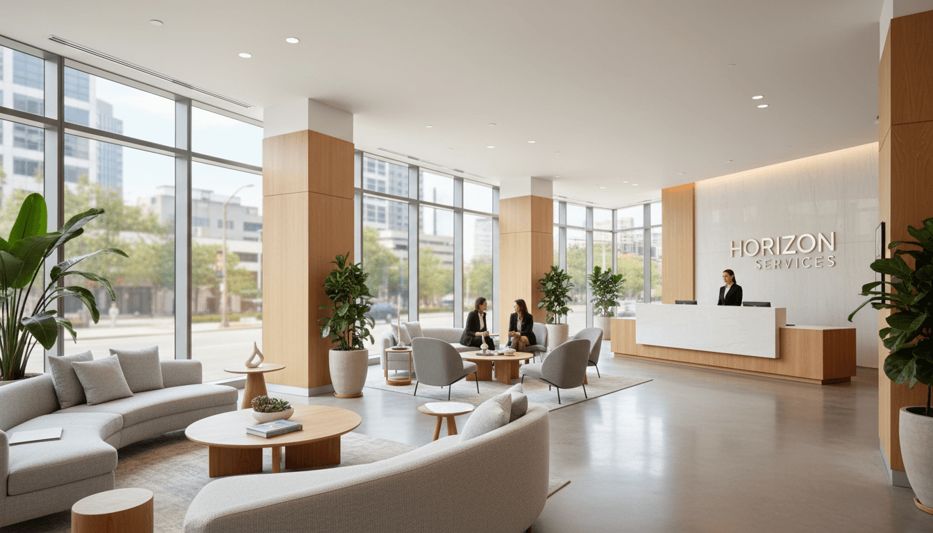 Empty office lobby with polished floors and natural light