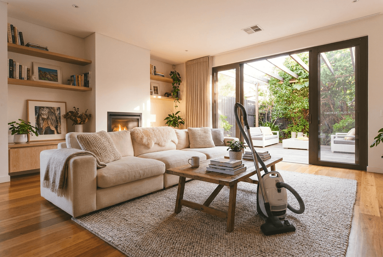 Clean living room with vacuum cleaner