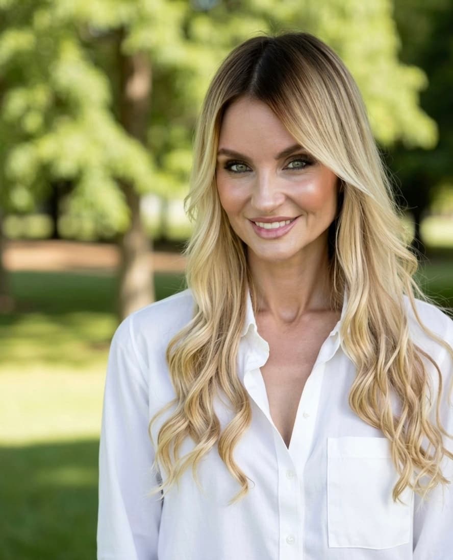 Smiling blonde woman with long wavy hair wearing a white shirt in a park.