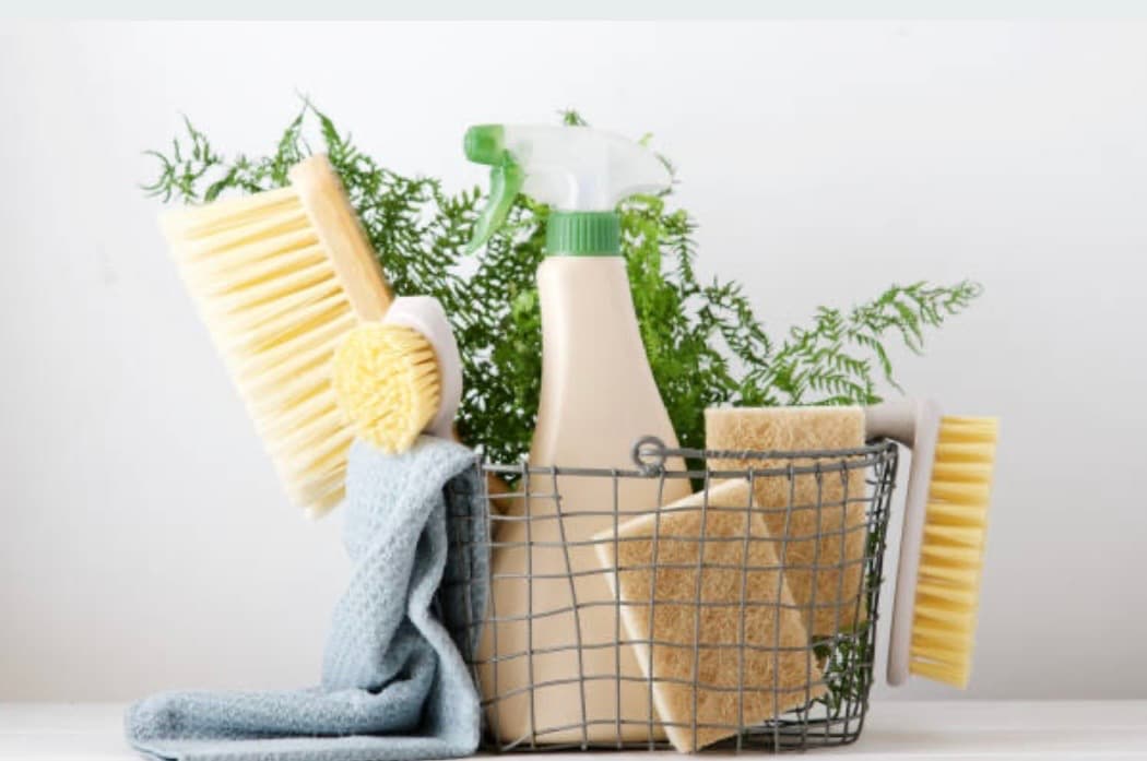 Wire basket holding natural cleaning supplies, brushes, sponges, and a spray bottle with green ferns.
